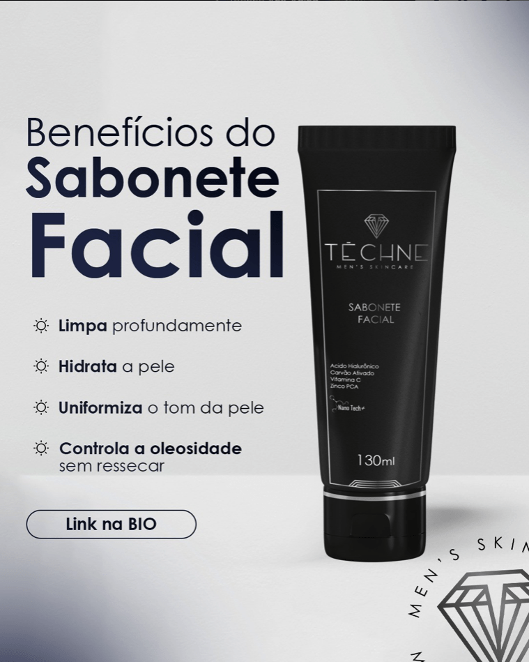 Benefícios do Sabonete Facial da Téchne Men's Skincare: Limpa, hidrata, controla oleosidadade, uniformiza